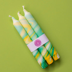 Bougies coniques - Lot de 3 / Mélange marbré vert printemps